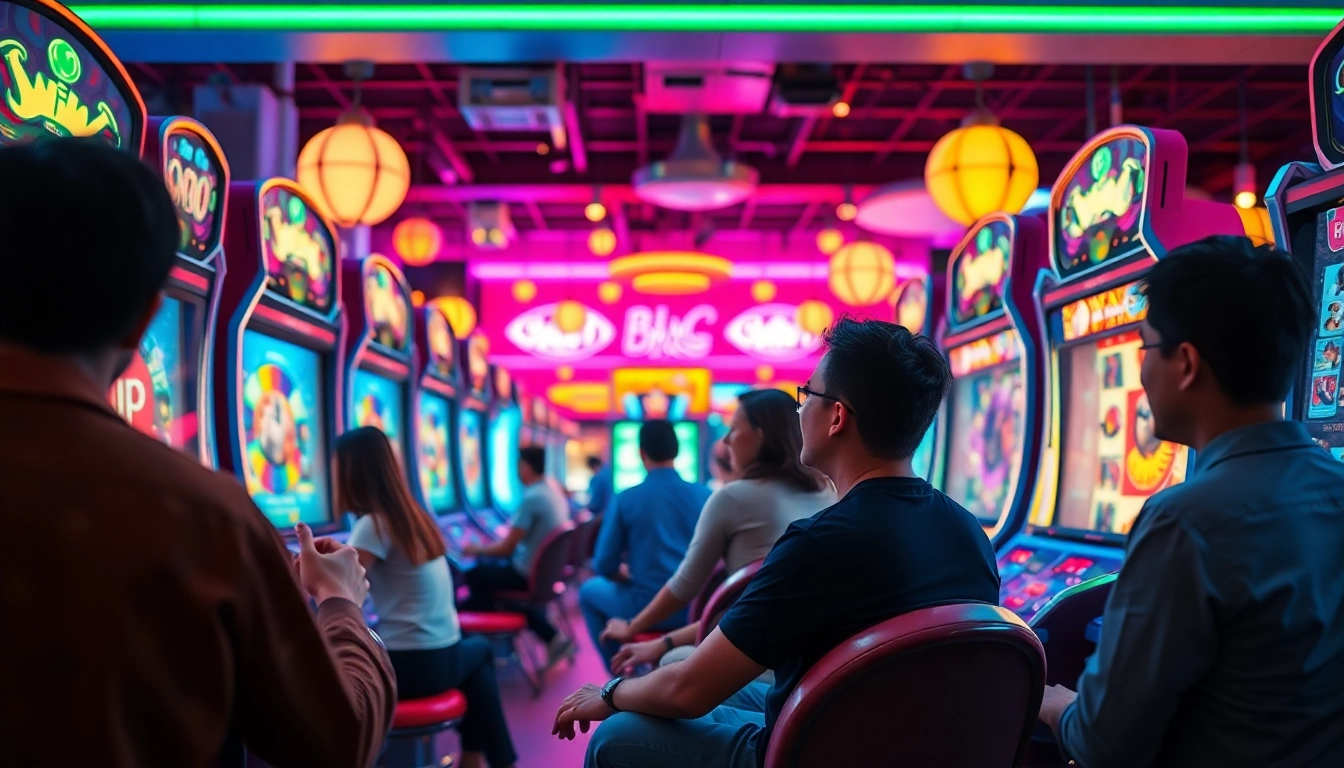 Menggambarkan pemain yang bersemangat saat bermain koi800 game di arcade yang penuh warna.