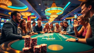 Menggambarkan permainan kasinojitu dengan pemain bersemangat dan suasana yang ceria.