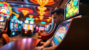 Memainkan QRIS108 Slot dengan penuh semangat di kasino yang ramai.