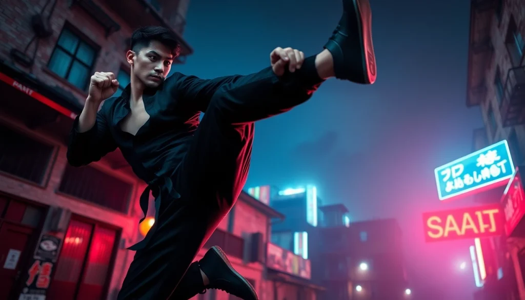 Engaging martial arts thriller action scene showcasing a skilled fighter in motion.