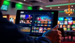 Dynamic gaming scene featuring the 888 new online platform on a modern device, showcasing sports betting and casino games.