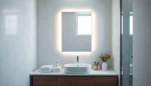 Spiegelschrank mit led Beleuchtung im modernen Badezimmer-Design mit eleganten Oberflächen.