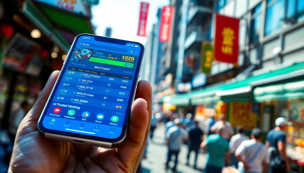 Showcasing best sports betting apps in India on a smartphone in a vibrant urban setting.