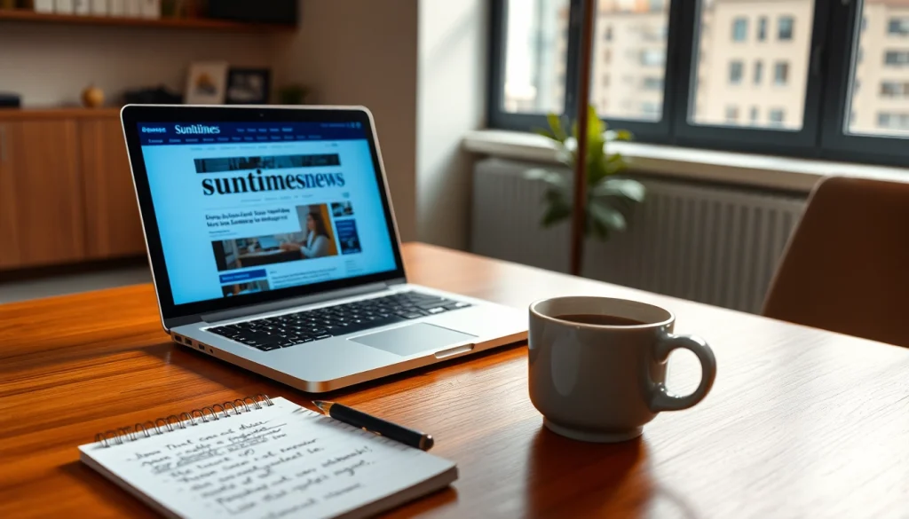 Engaged journalist developing content for suntimesnews.com in a modern office setup.
