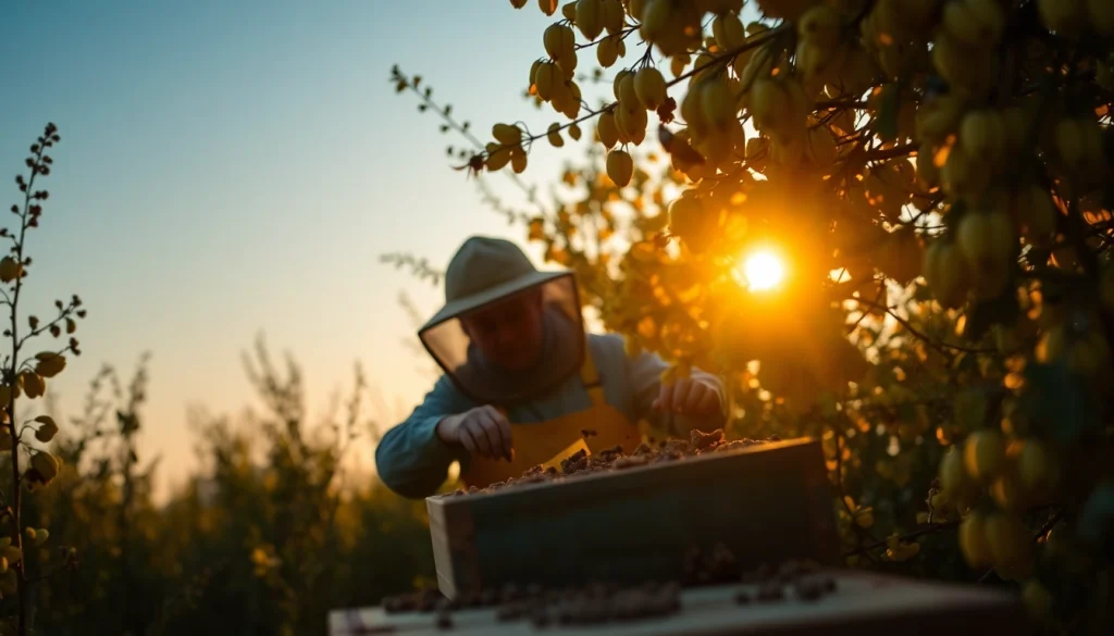Observa las colmenas layens en un entorno natural, con abejas laboriosas alrededor.
