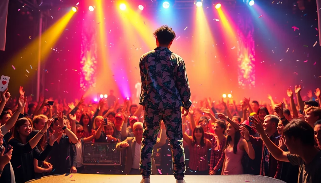 Experience the vibrant performance of a K-Pop artist on stage, showcasing https://www.kpopangel.com in an energetic atmosphere.