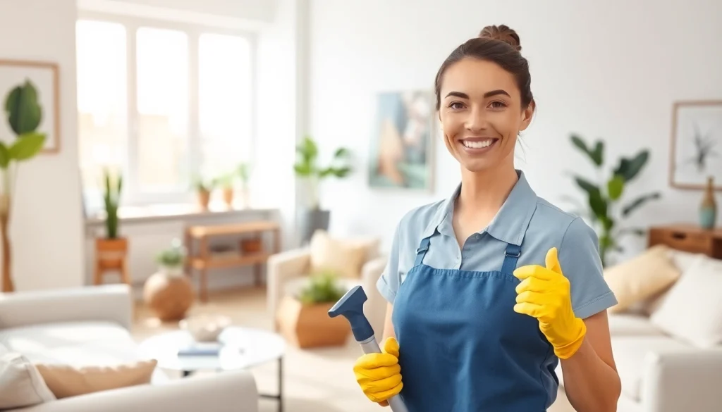 Cleaning Service expert efficiently tidying a bright living room for a fresh, clean atmosphere.