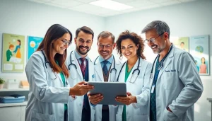 Health professionals collaborating in a modern clinic, showcasing teamwork and innovation.