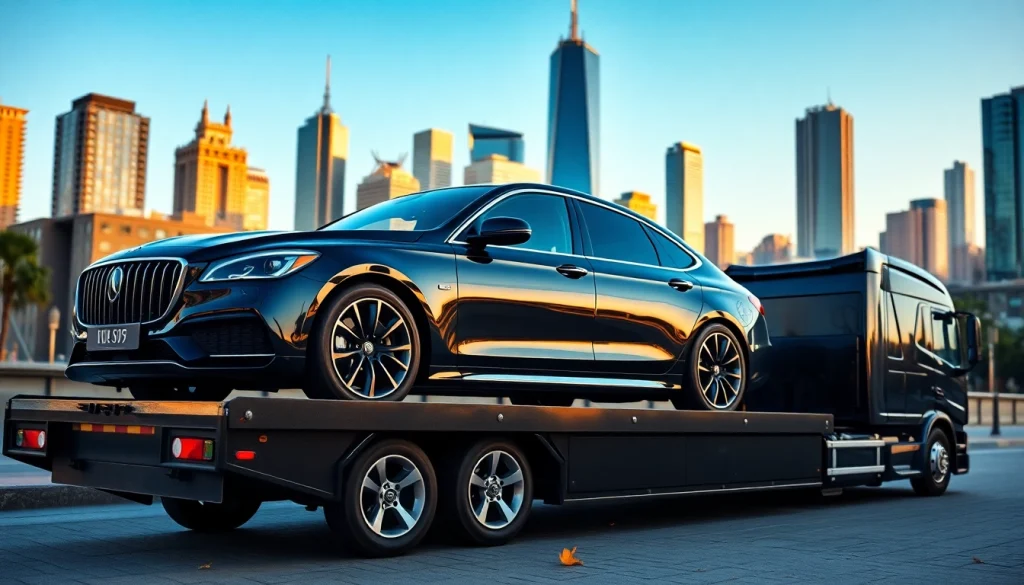 Cargo truck transporting luxury vehicles at https://luxuryautocarriers.com in an upscale city environment.