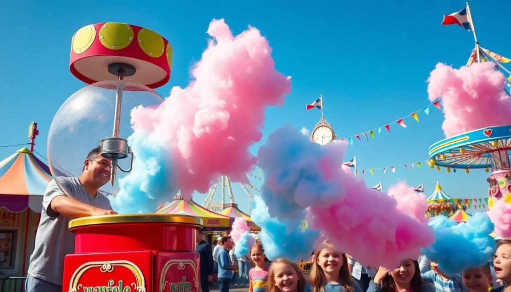 Geniet van wafel katoen die wordt gemaakt op een kleurrijke kermisstand.