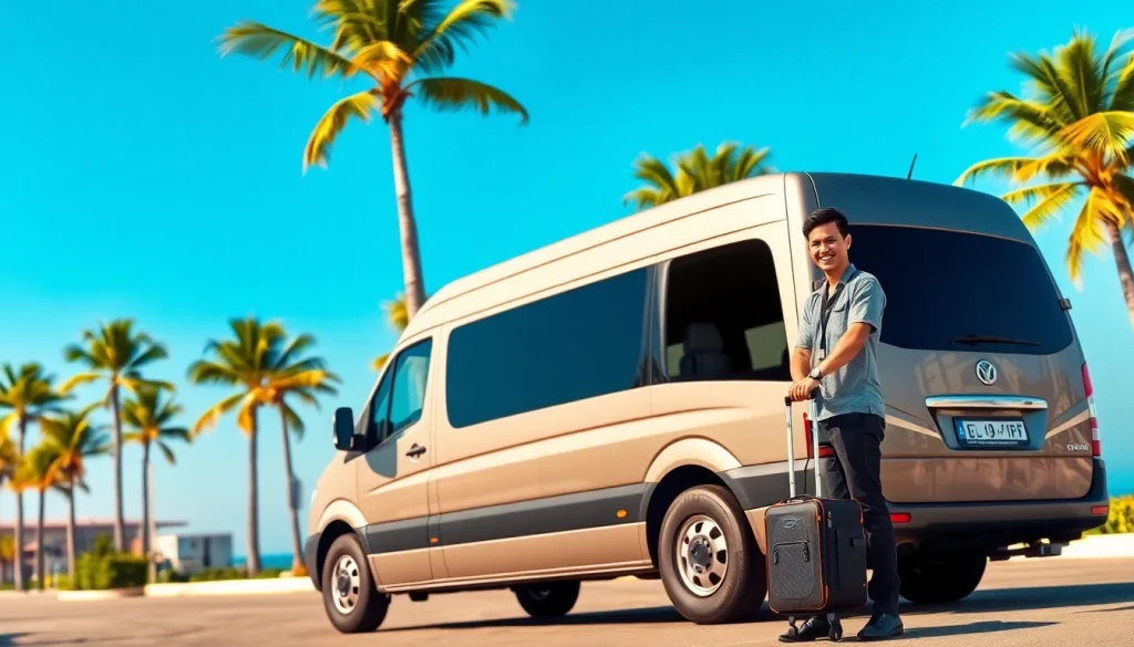 Cabo airport transportation showcasing a professional driver and modern van in a tropical setting.