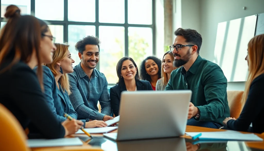 Engaged team reviewing strategies at https://valuesfirst.com in a modern office setting.