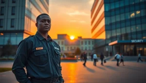 Security Services Fredericksburg professional guard overseeing a modern office environment during sunset.