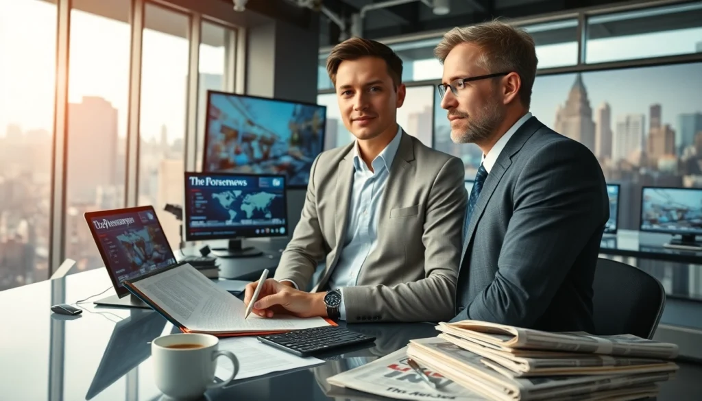Journalist analyzing news at thephoenixnewspaper desk with multiple screens and reports.