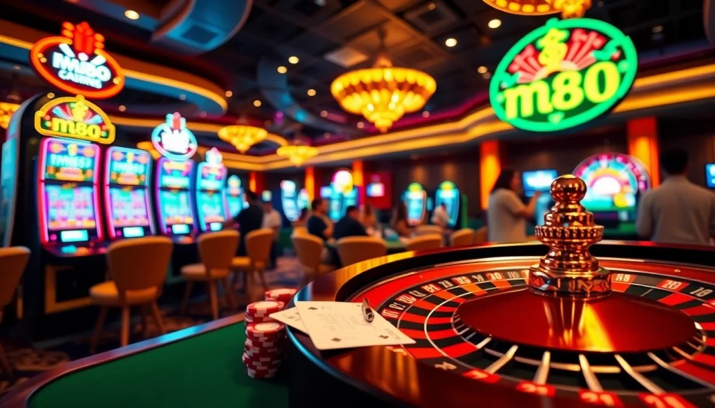 mm88 casino players enjoying vibrant slot machines and roulette.