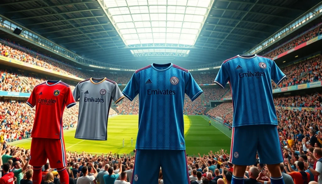 Showcasing football kits with vibrant designs at a lively sporting event.