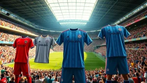 Showcasing football kits with vibrant designs at a lively sporting event.