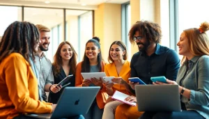 Kooralive discussion among a diverse group in a modern office setting.