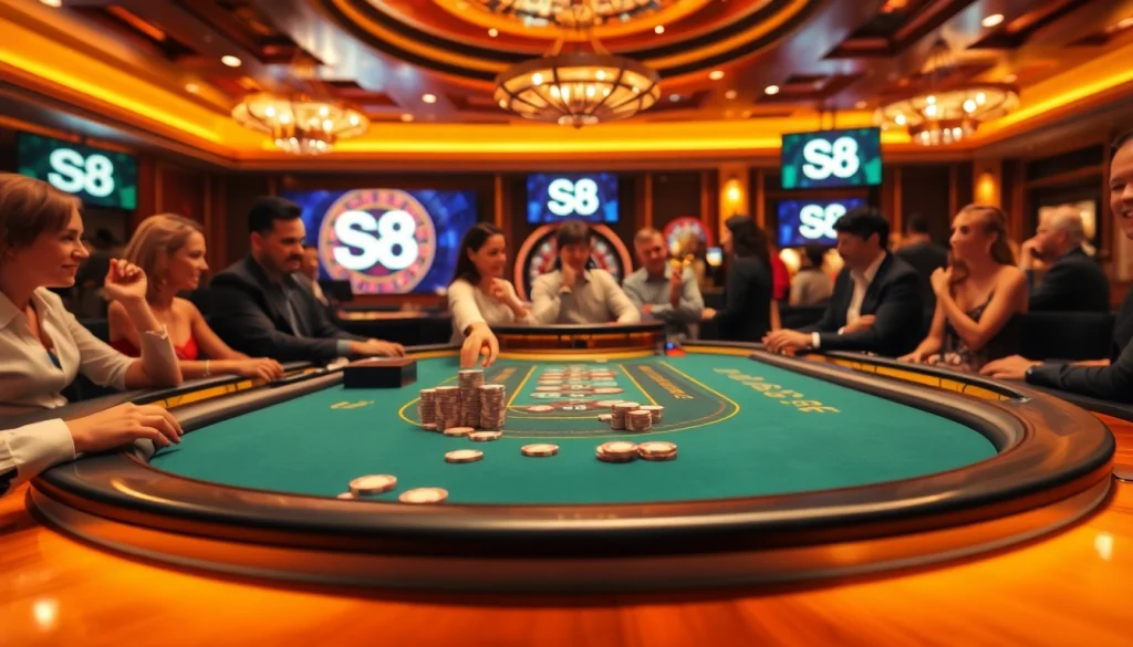 Players engage in intense poker action at the S8 casino, showcasing excitement and luxury.