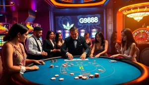 High-stakes blackjack experience at go88 casino with players and vibrant slot machines.