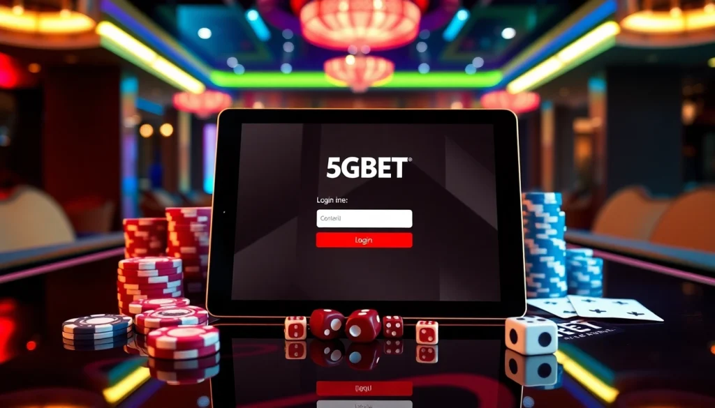 Engage in thrilling gambling with 5GBET Login on a luxurious tablet, surrounded by chips and cards.