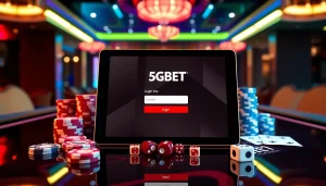 Engage in thrilling gambling with 5GBET Login on a luxurious tablet, surrounded by chips and cards.