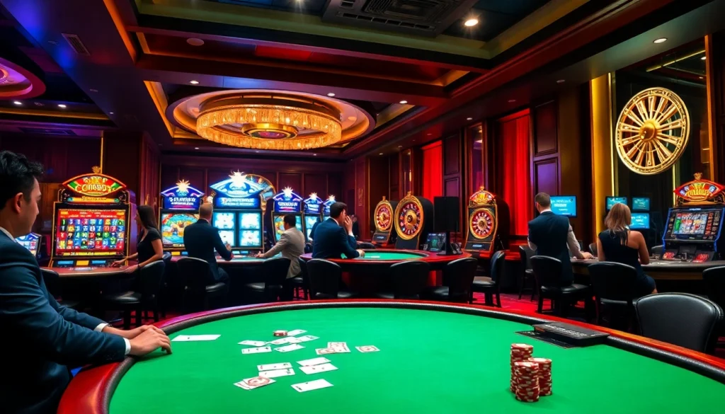 Excited players engaged at the UU88 poker table, surrounded by colorful slot machines and roulette wheels.
