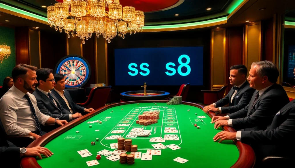 Gambling professionals at a glamorous blackjack table with s8 branded elements, highlighting an exciting casino atmosphere.