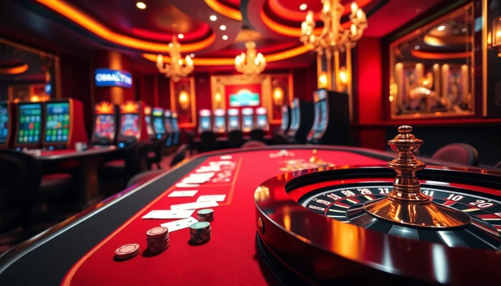 Aksi perjudian di meja elegan yang menampilkan mesin slot bertema obraltoto dan dekorasi yang berwarna-warni.