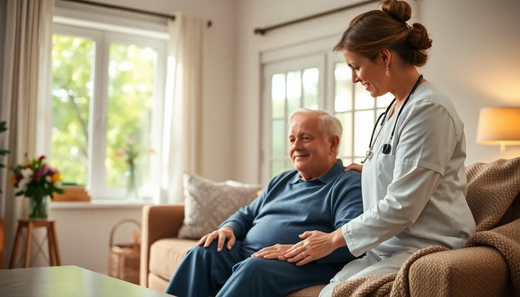 Caregiver providing senior care austin tx in a welcoming home environment with warm lighting.