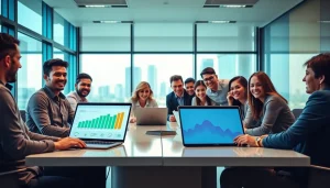 Engaging business professionals collaborating in a lively office environment.