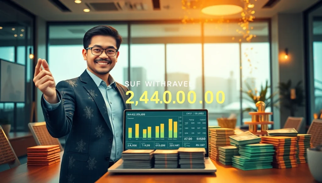 Celebration of financial success at BOX138 with withdrawal of Rp 2.424.000,00 in a modern office setting.