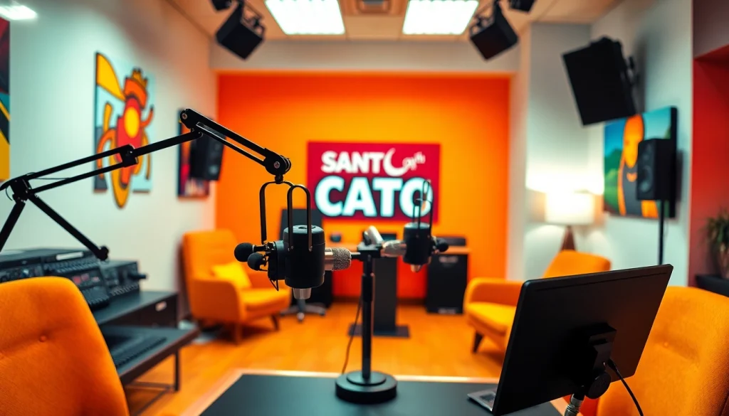 Capture the vibrant atmosphere of hometownstation.com's modern radio studio.