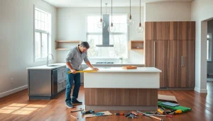 Home renovation of a modern kitchen with a contractor measuring a countertop.