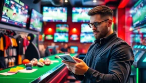 Engaging scene of sports betting in Canada, showcasing excitement and interaction at a lively sports bar.