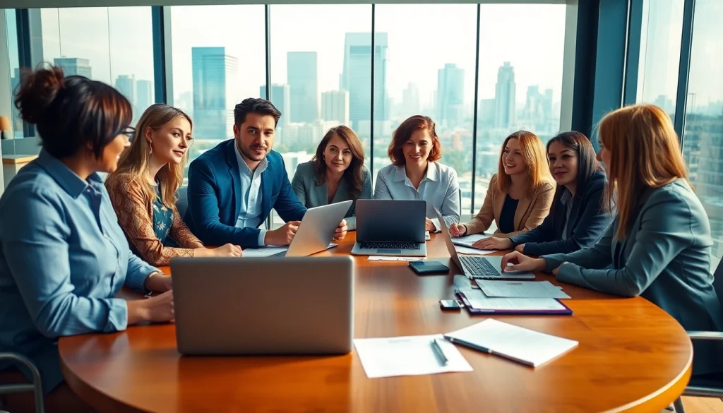 Engaging business meeting showcasing professionals discussing strategies in a modern setting.