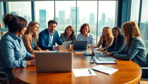 Engaging business meeting showcasing professionals discussing strategies in a modern setting.