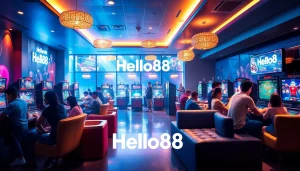 Hello88 vibrant gaming lounge with people enjoying games, showcasing a thrilling atmosphere.