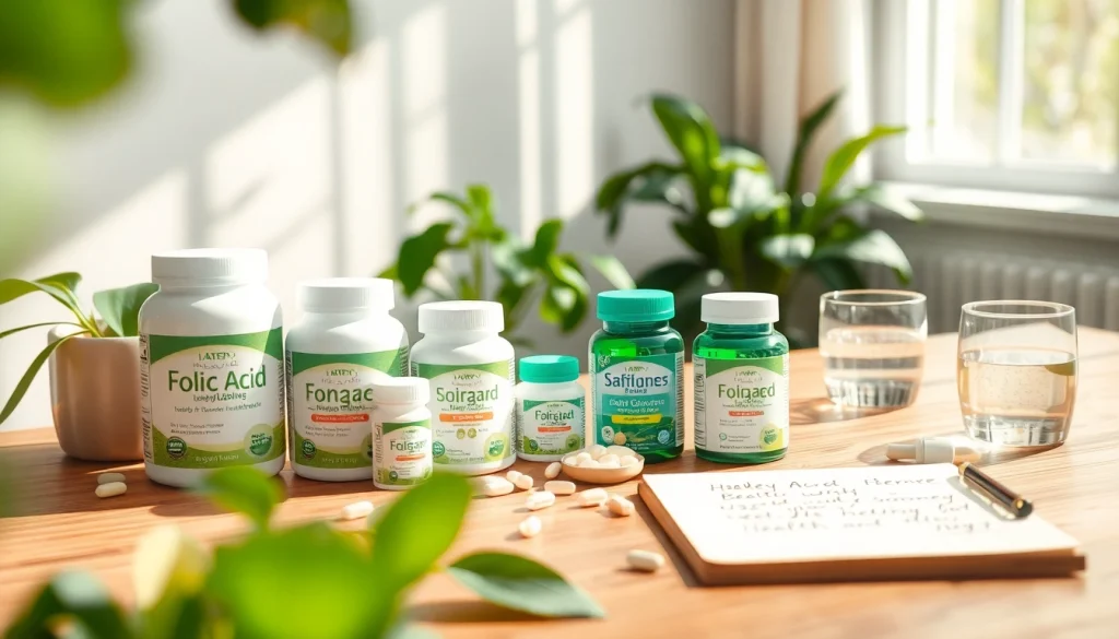 新鮮な緑野菜と葉酸サプリを特徴とする詳細な場面。妊婦の健康とウェルネスを促進します。