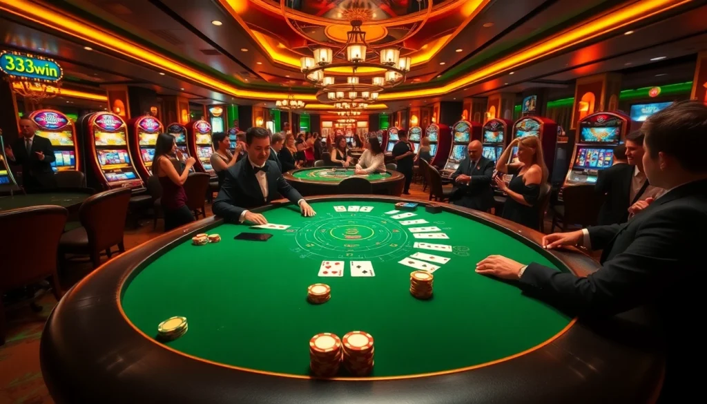 Experience the excitement of 3333win at a vibrant casino with poker chips and game tables.