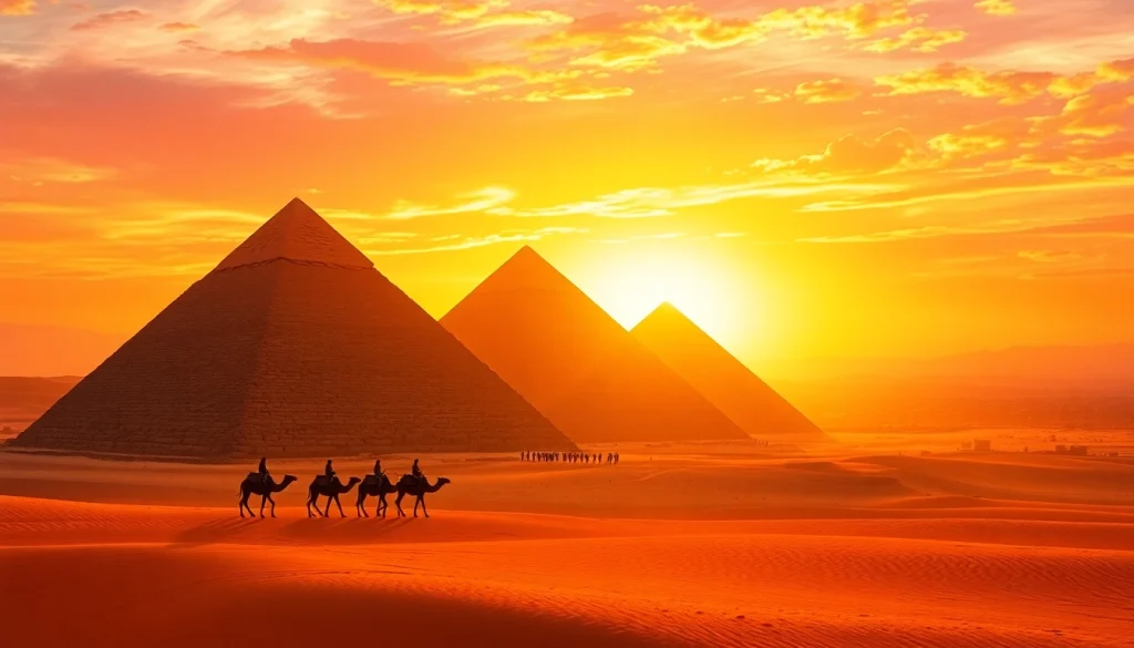 Experience the majestic view of the pyramids in Egypt at https://emegypt.net during sunset with a camel caravan.