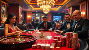 Toto togel game excitement at a luxury casino with players and vibrant gambling elements.