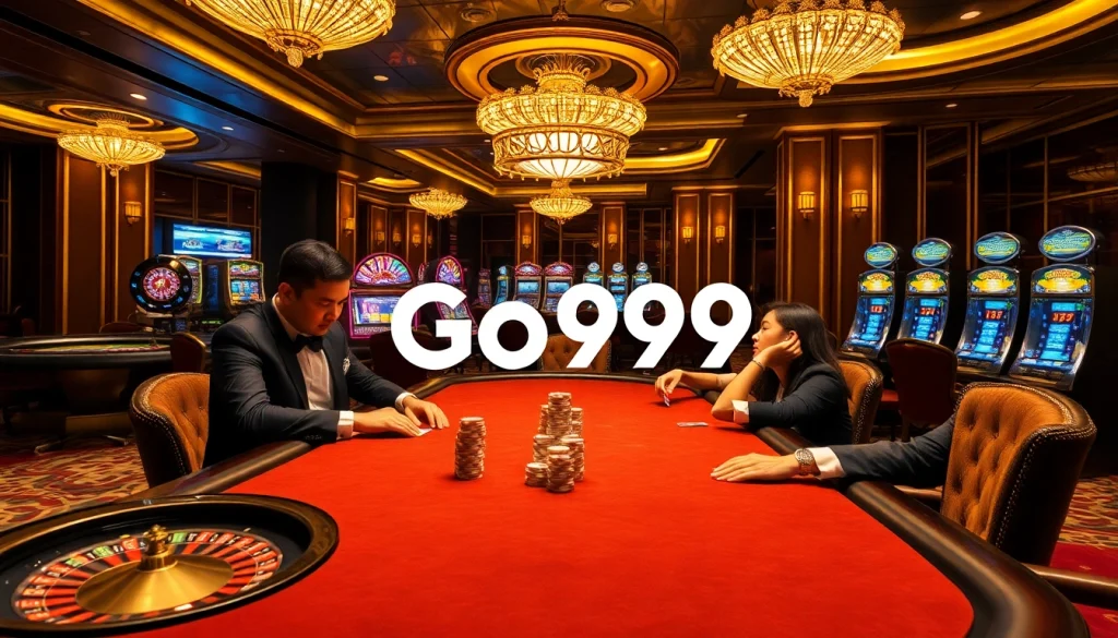 Engage in high-stakes poker with the link Go99 amidst luxury casino ambiance and intense gameplay.
