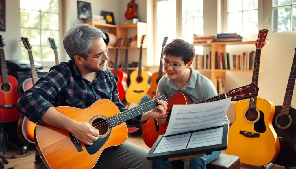 Engaging guitar lesson at https://guitarlessons.co.uk with a teacher and student in a vibrant music studio.