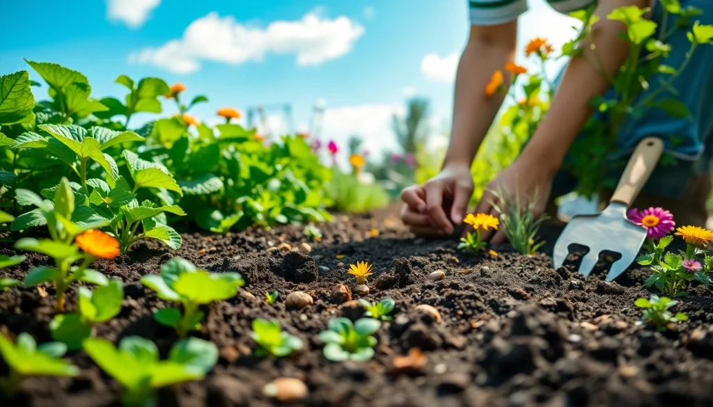 Gardening scene with a gardener planting seeds in vibrant, flourishing vegetable garden.