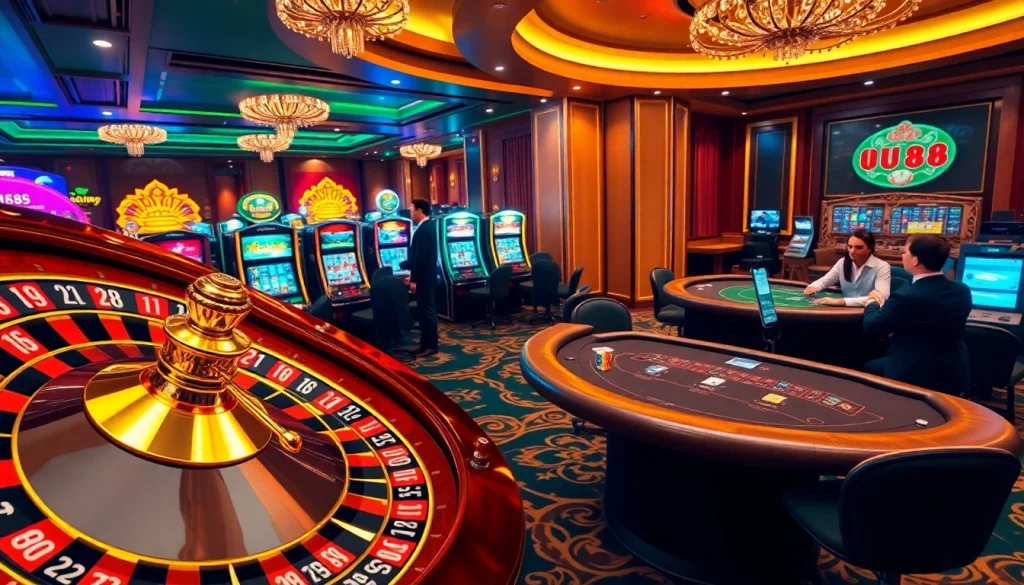 Experience the thrill of gaming at UU88's vibrant casino with roulette and slot machines.