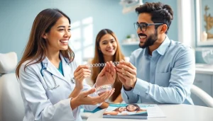 Invisalign Malaysia consultation scene with a dentist and patient discussing clear aligners.