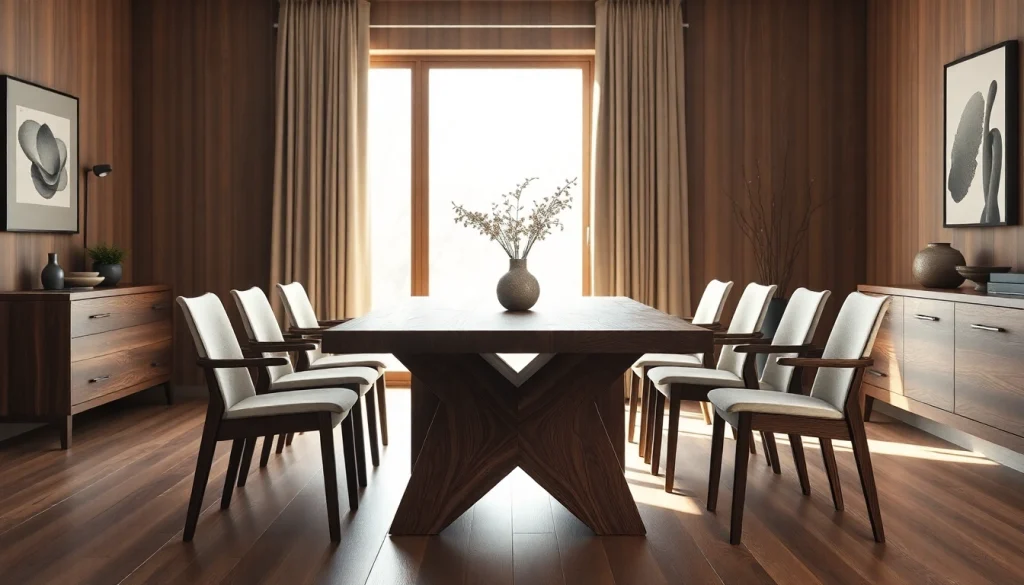 Stylish solid wood tables enhance the elegance of a modern dining room setting.