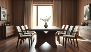 Stylish solid wood tables enhance the elegance of a modern dining room setting.