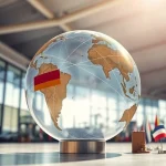 Highlight worldwide connections with a globe and cultural artifacts, portraying global unity.